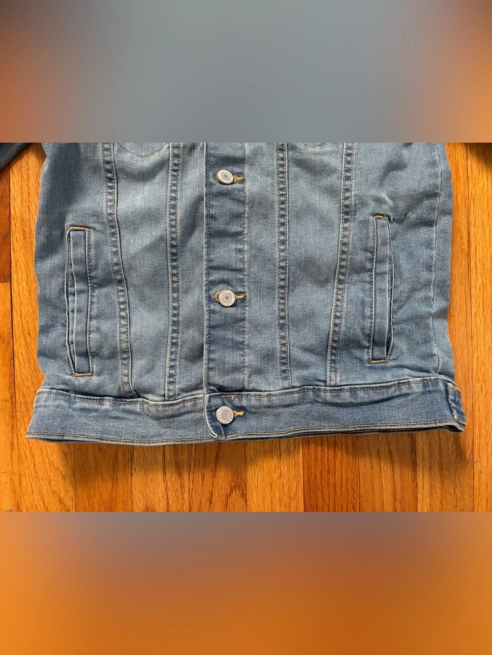 Old Navy Blue Light Wash Denim Button Jacket Gray Fleece Hood Kids XL 14/16